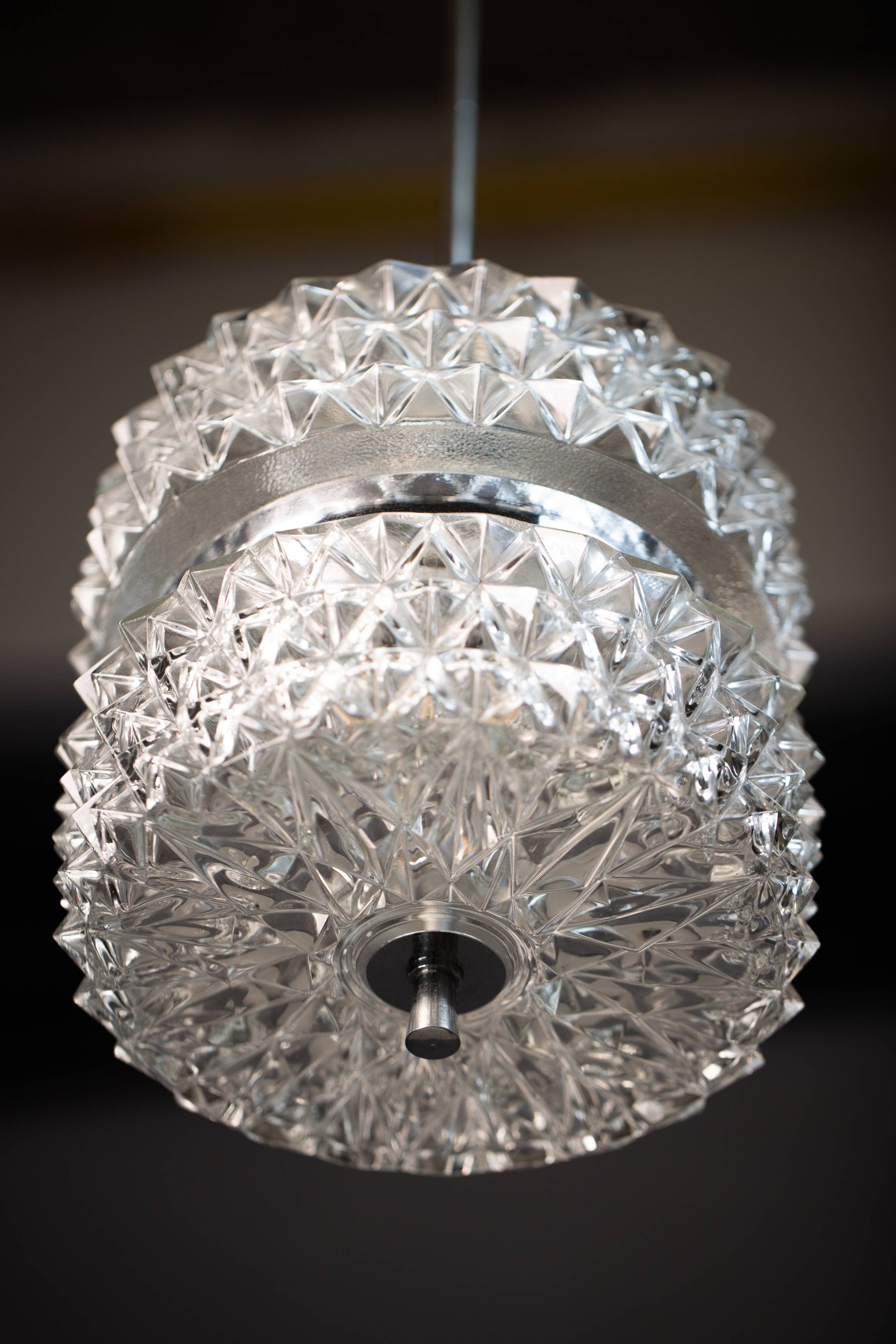 Vintage Crystal Glass Chandelier: Mid-Century Modern Austrolux Pendant Ligh