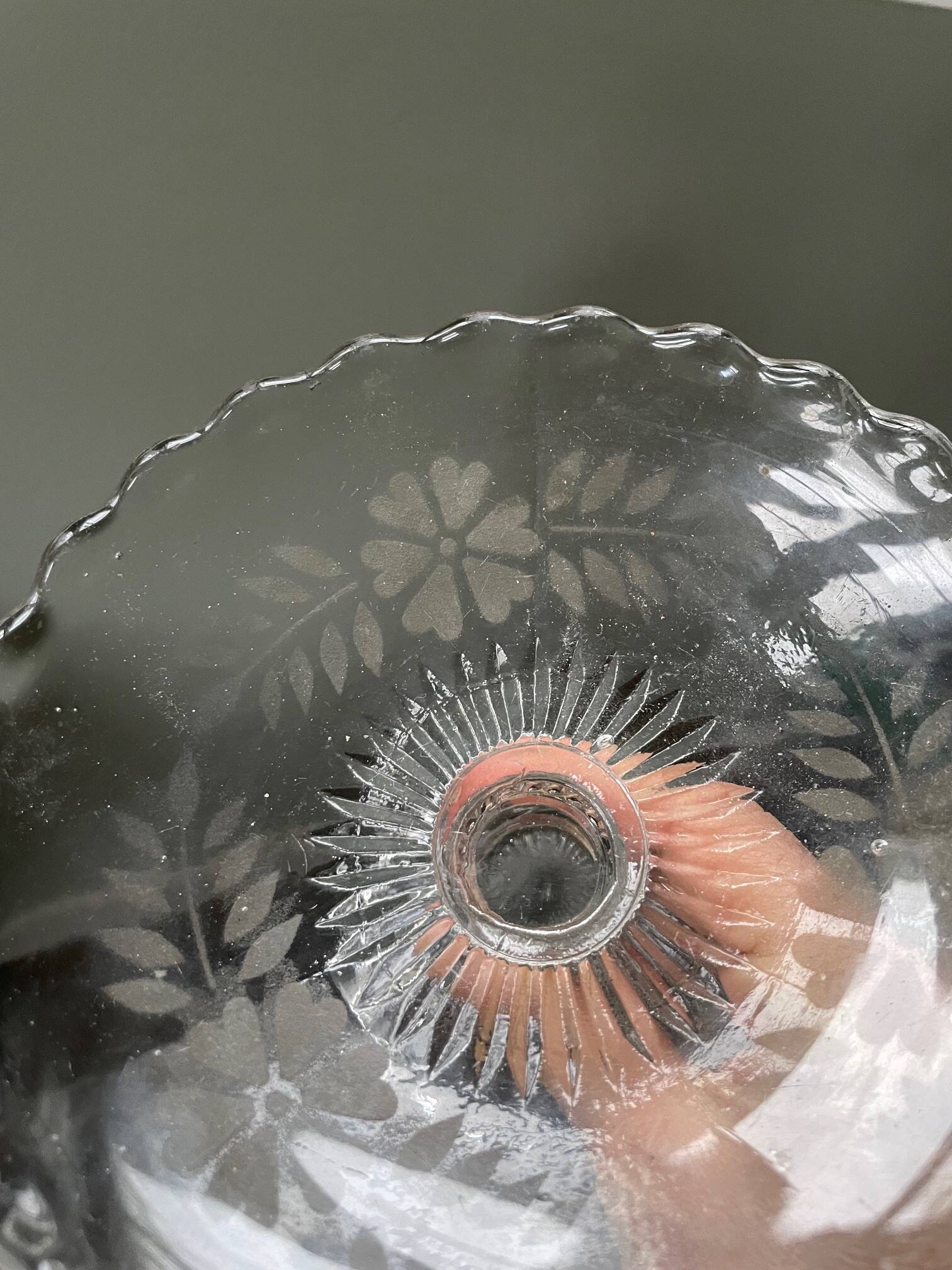 antique footed bowl in engraved glass - fruit bowl