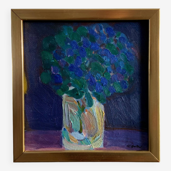 Small oil painting by Eric Elfwen  “Forest violets” 1980