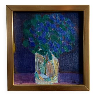 Petite peinture à l'huile d'Eric Elfwen "Violettes des forêts" 1980