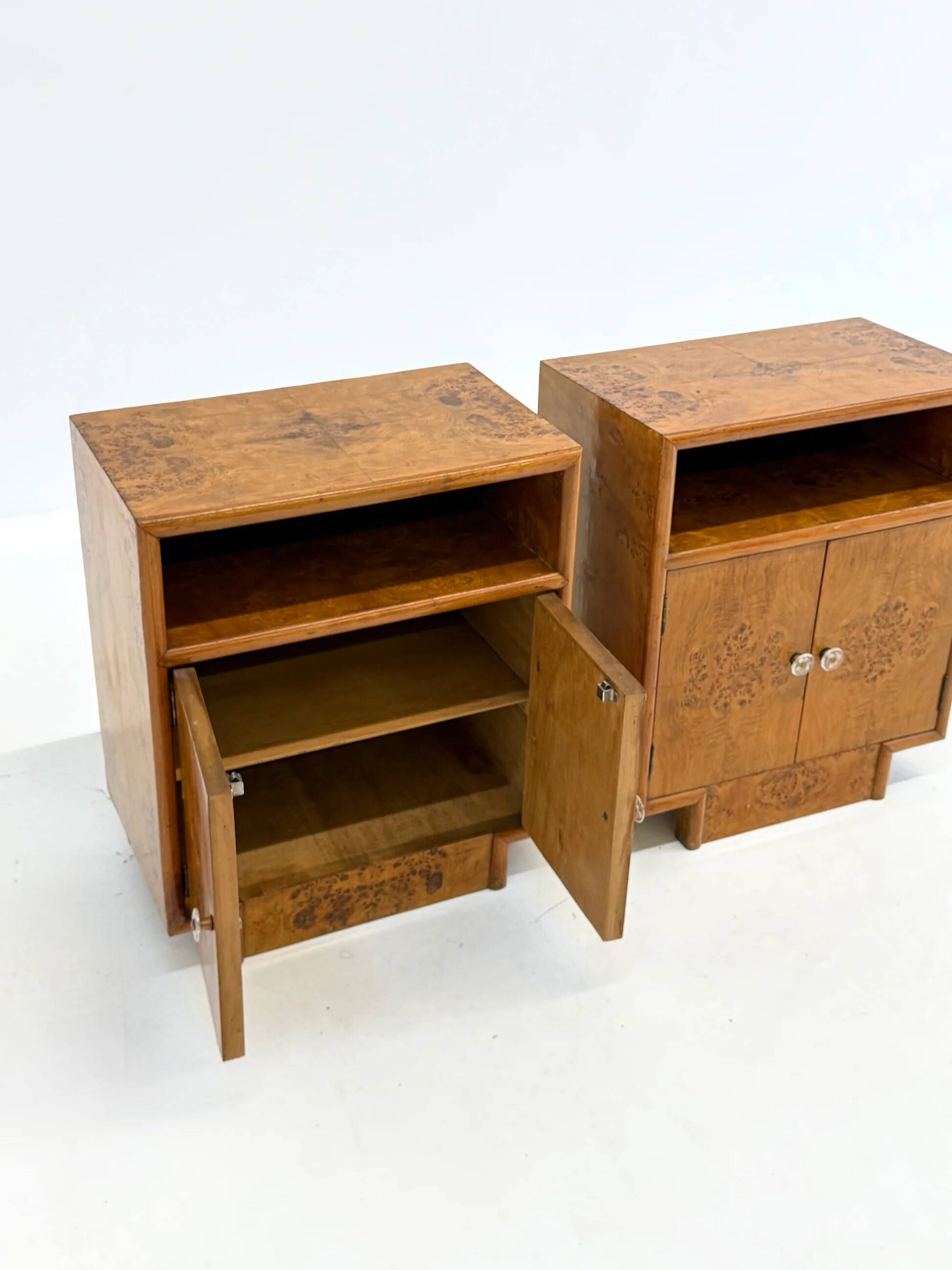 Set of two vintage Art Deco bedside tables with burl wood