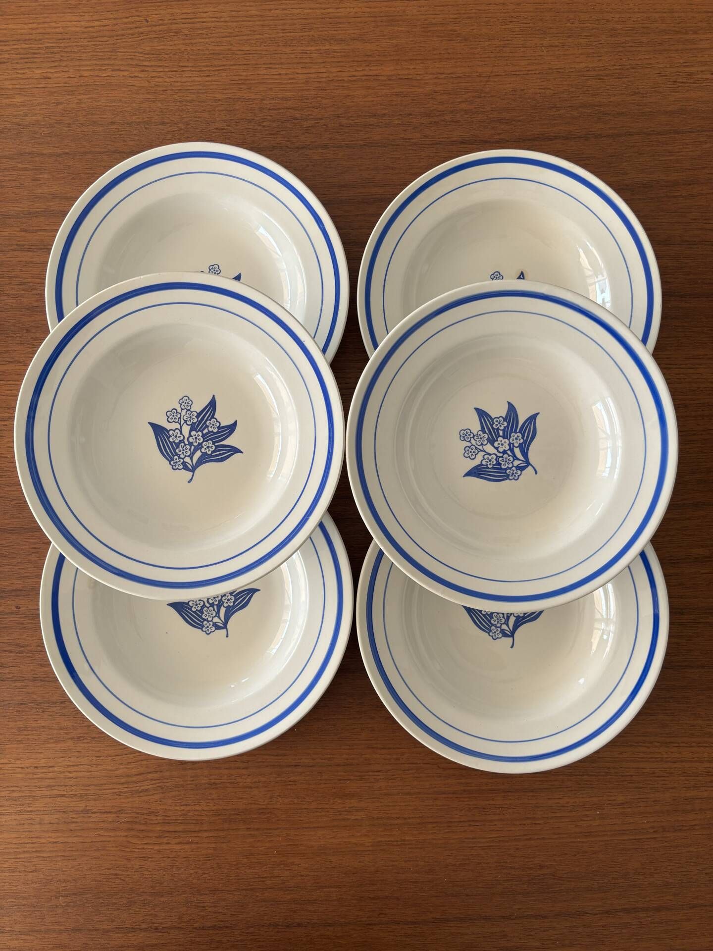 Set of 6 vintage deep plates in earthenware with blue lily of the valley flowers.