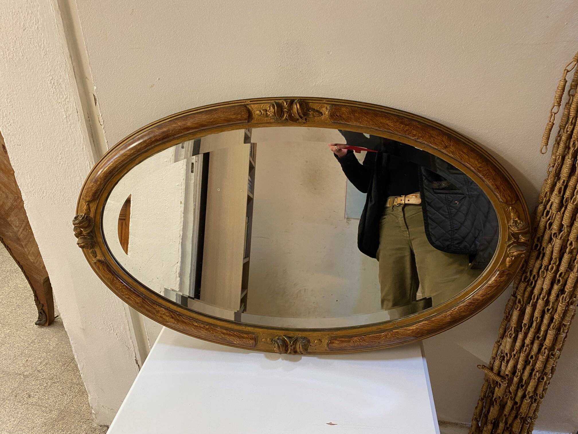 OVAL ART NOUVEAU MIRROR WITH ROSE DECOR AND PAINTED WOOD BEVELED GLASS