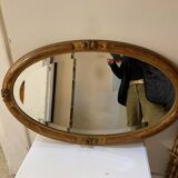 OVAL ART NOUVEAU MIRROR WITH ROSE DECOR AND PAINTED WOOD BEVELED GLASS