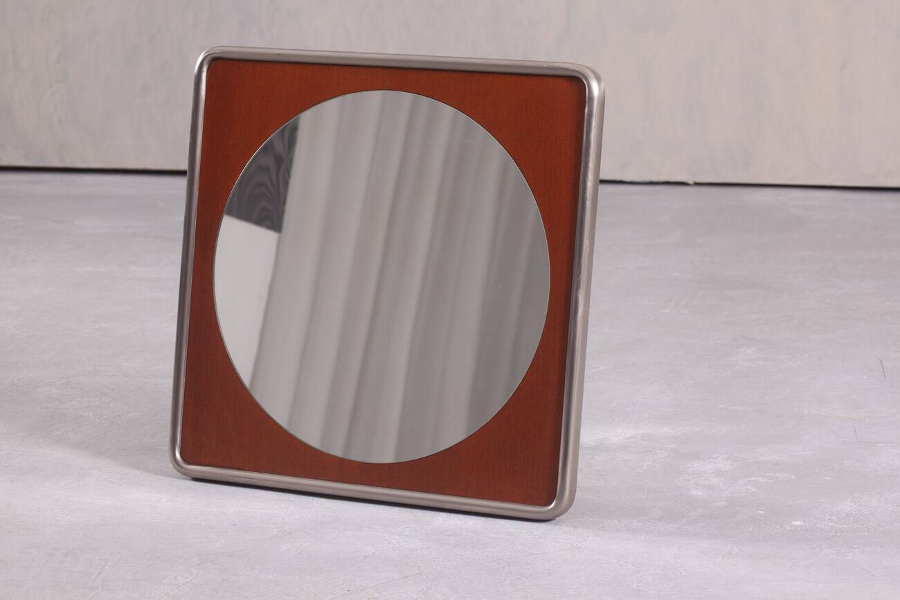Vintage square metal and wood wall mirror, Germany 1970s