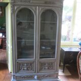 Antique carved buffet display cabinet with gray patina