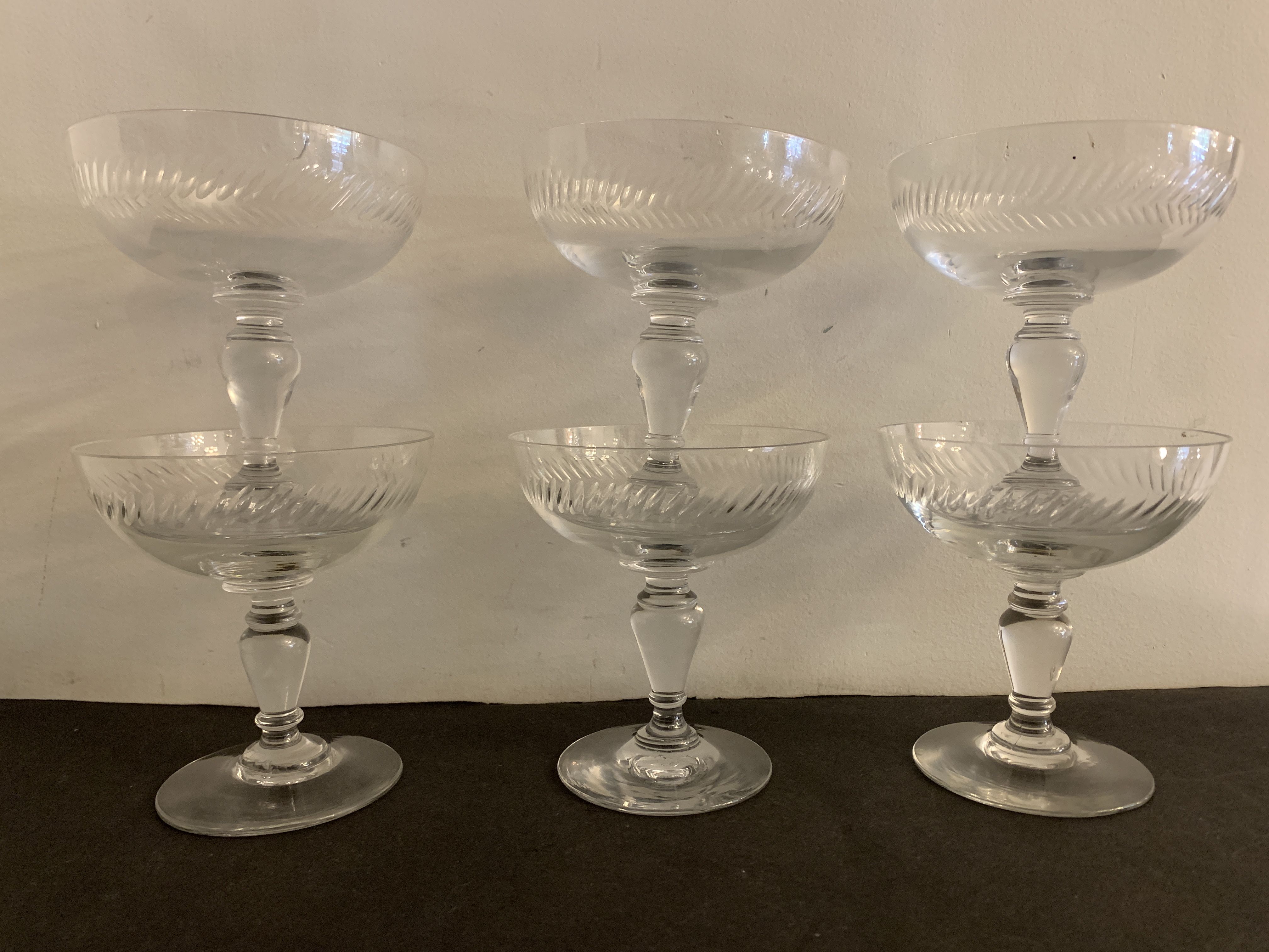 6 old champagne glasses in blown crystalline