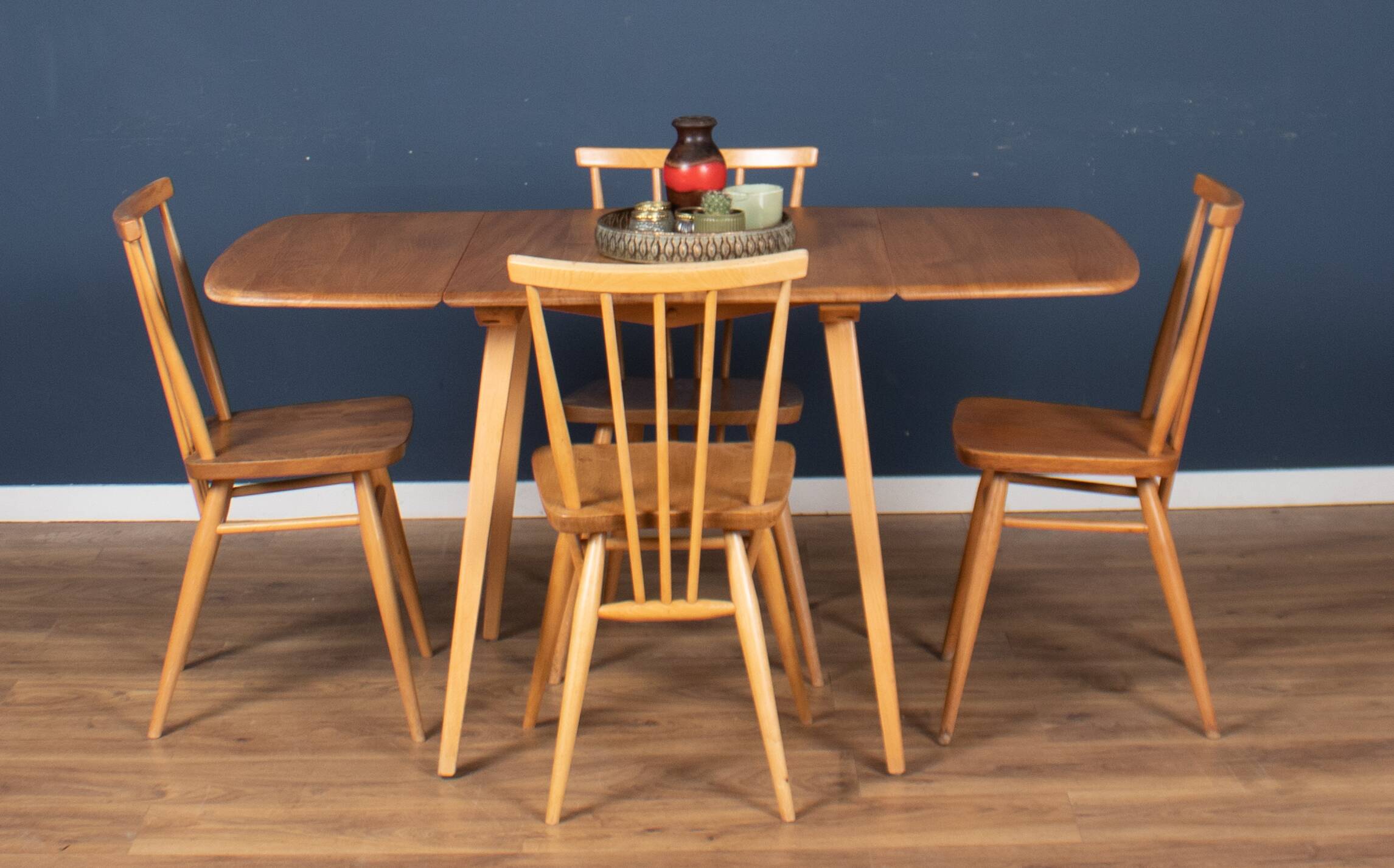 Retro Blonde Ercol Model 383 Dining Table & Four Stick Back Kitchen Dining Chairs