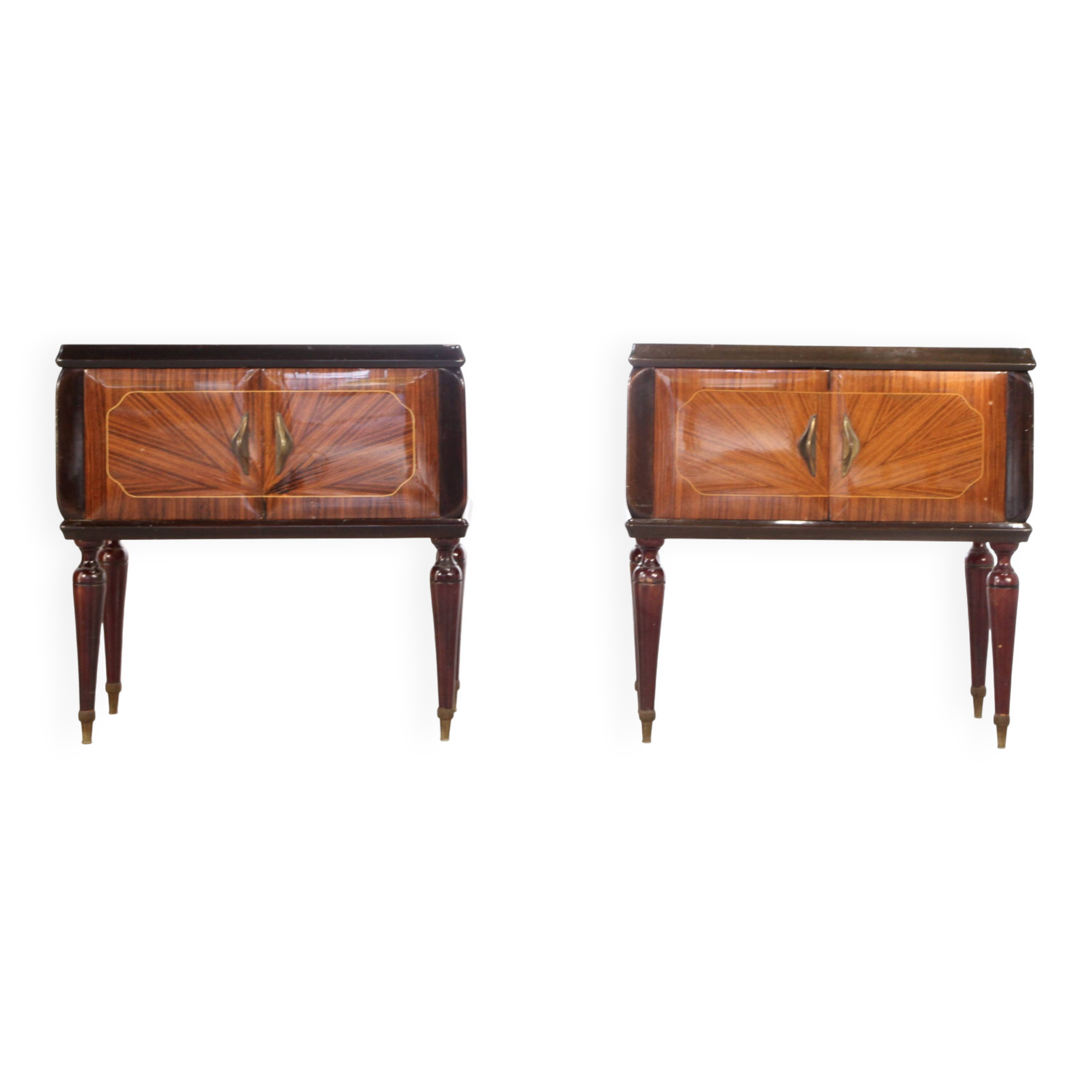 Set Of 2 Italian Midcentury Walnut Burl And Brass Bedside Tables / Cabinets