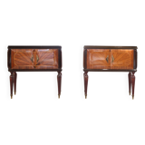 Set Of 2 Italian Midcentury Walnut Burl And Brass Bedside Tables / Cabinets