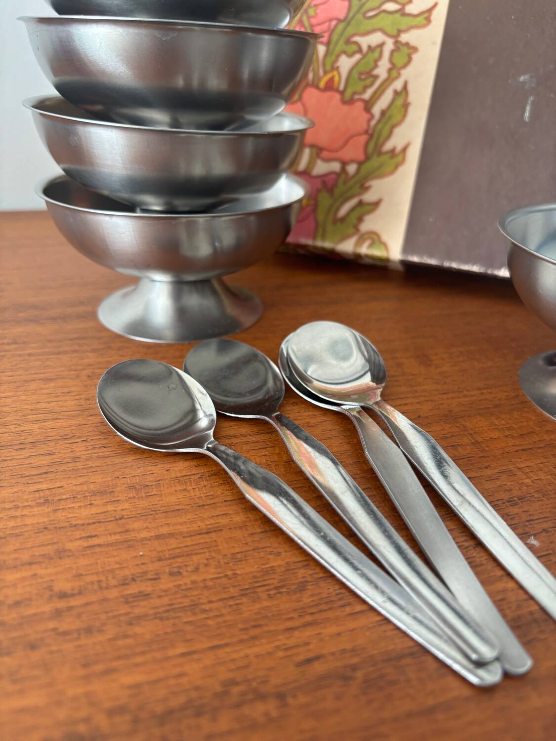 Vintage Jean Couzon box with 6 stainless steel ice cream bowls and bistro spoons.