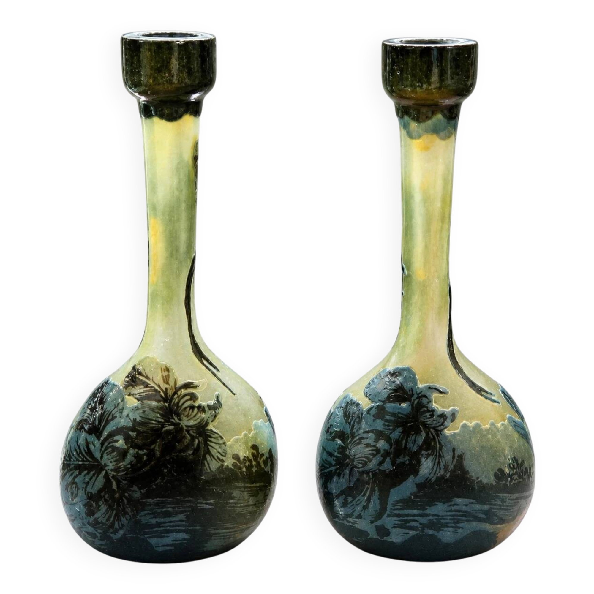 Pair of flower vases in glass paste, with a long slender neck.