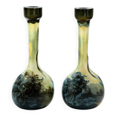Pair of flower vases in glass paste, with a long slender neck.