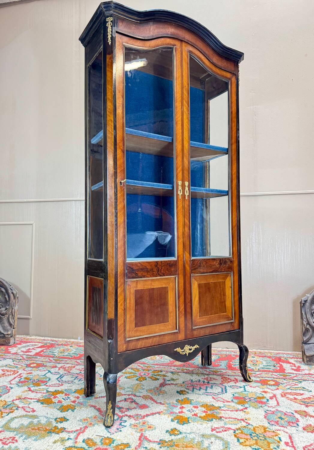 19th Century Transition Style Marquetry and Blackened Wood Display Cabinet