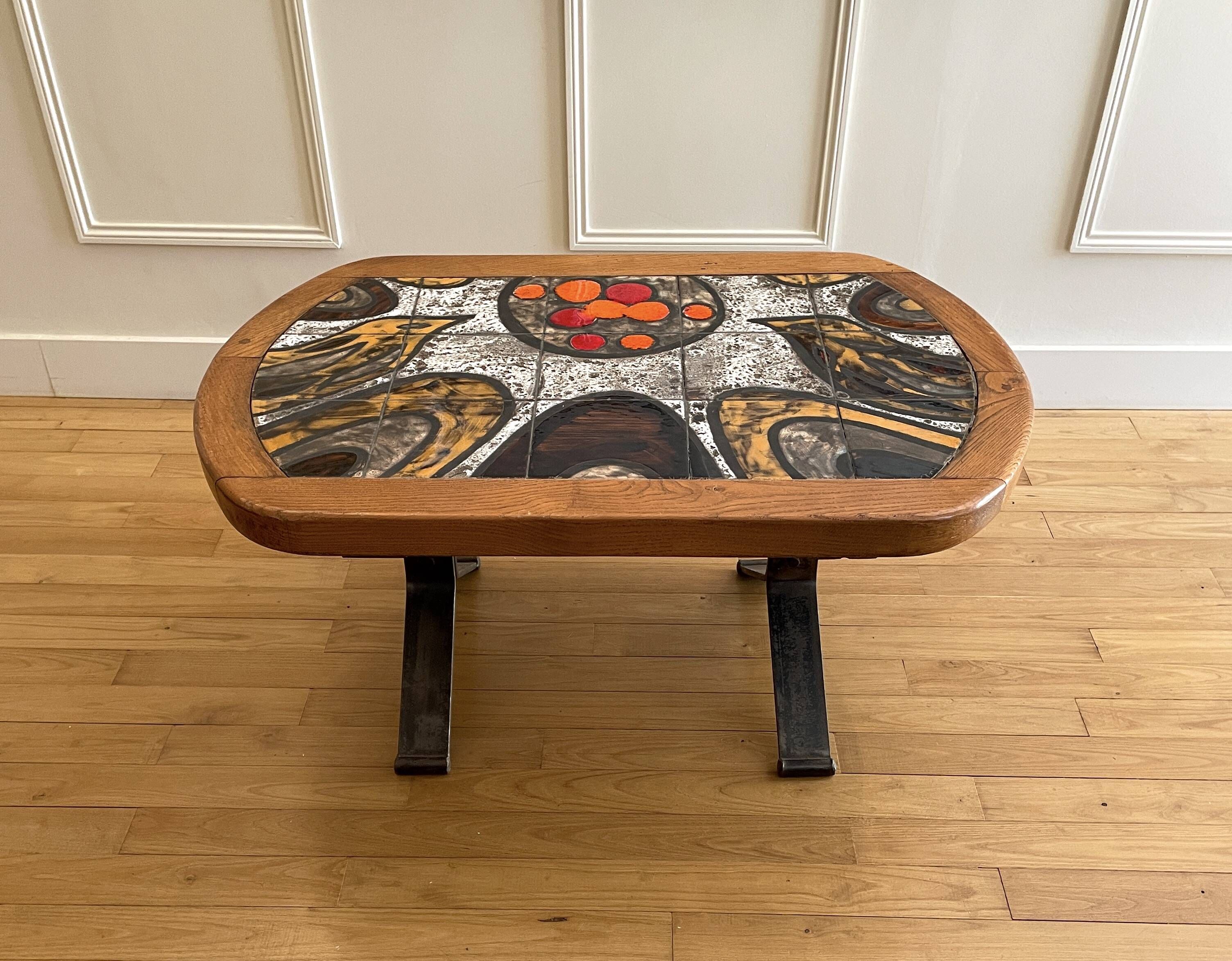 Ceramic coffee table with metal base by G. Reynaud Vallauris