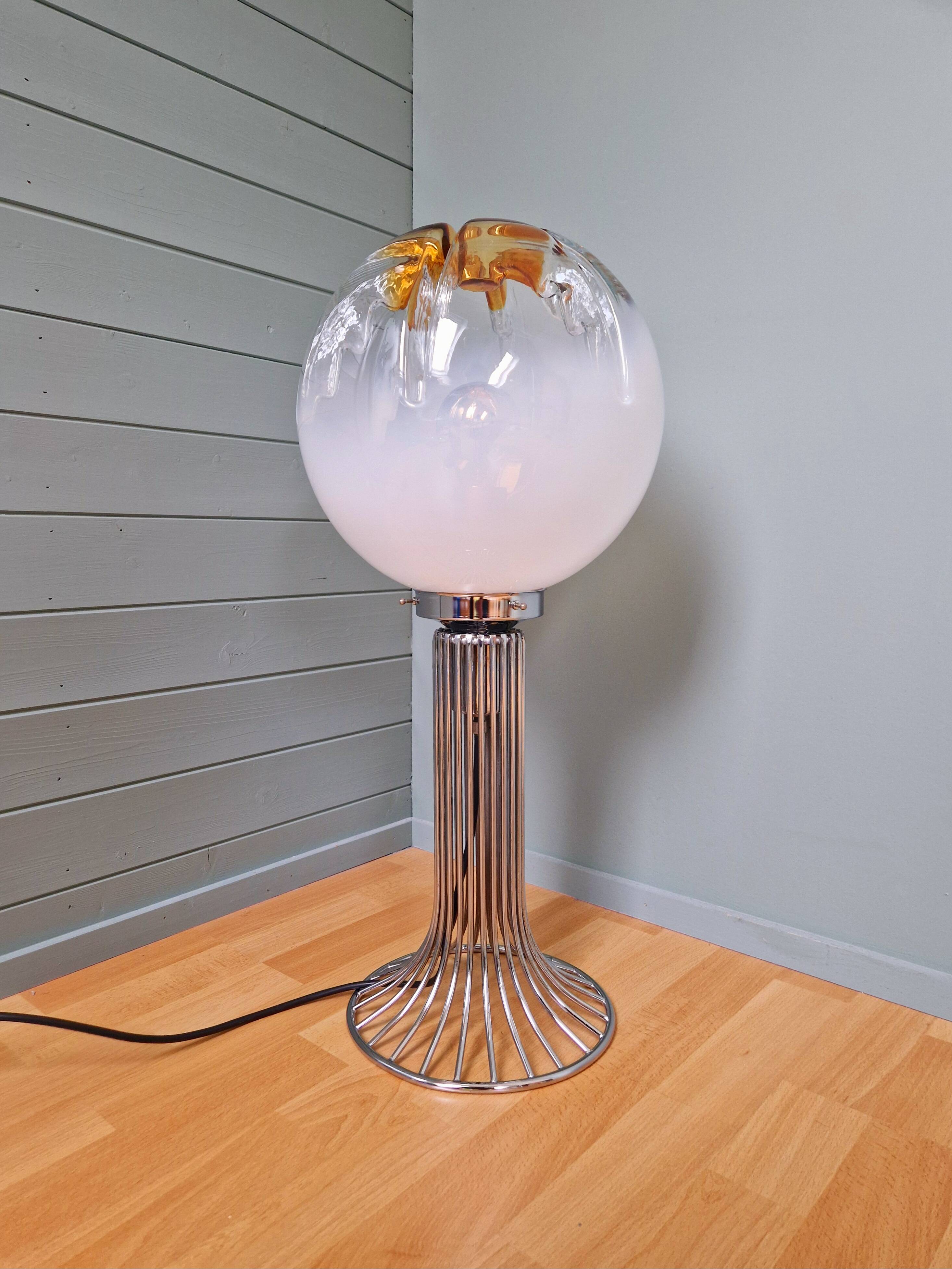 Mazzega floor lamp in chromed metal and milky glass globe, 1960s-70s