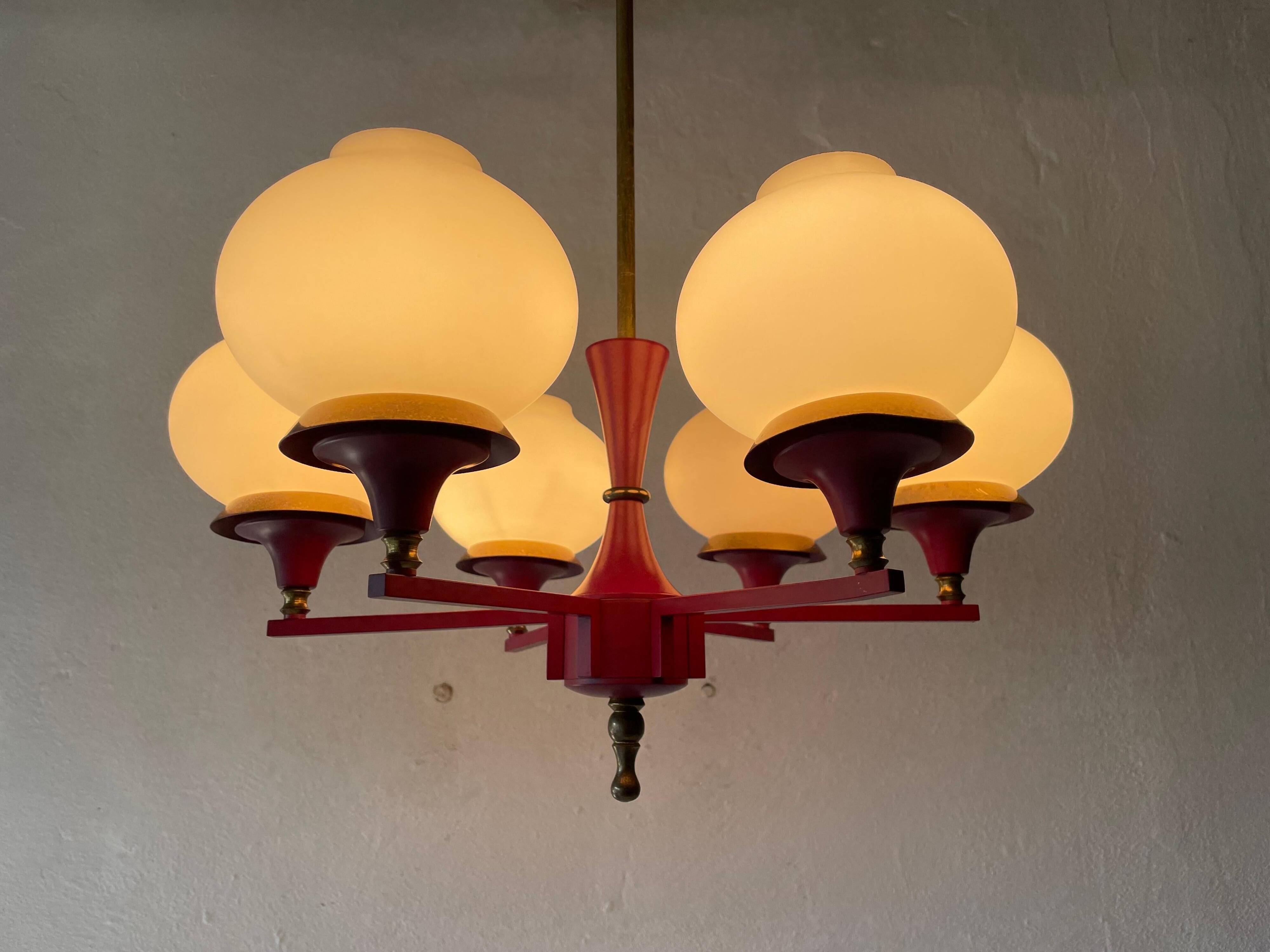6 pendant lamps in glass and burgundy brass by Hans-Agne Jakobsson, 1960s, Sweden