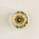 1 of 2 Large Brass and Floral Ice Glass Flush Light by Glashütte Limburg