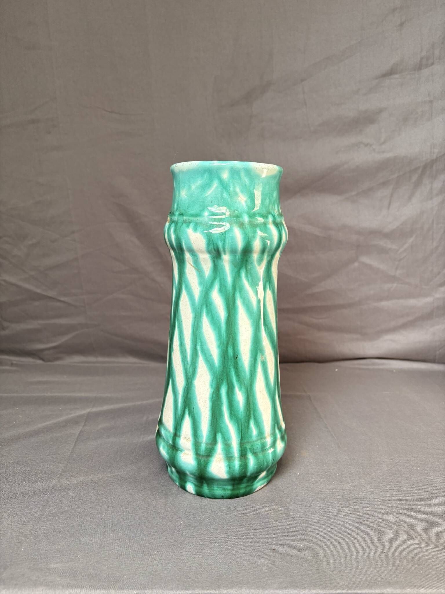 Vintage Glazed Geometric Ceramic Vase Green Blue West Germany 1960 Bay