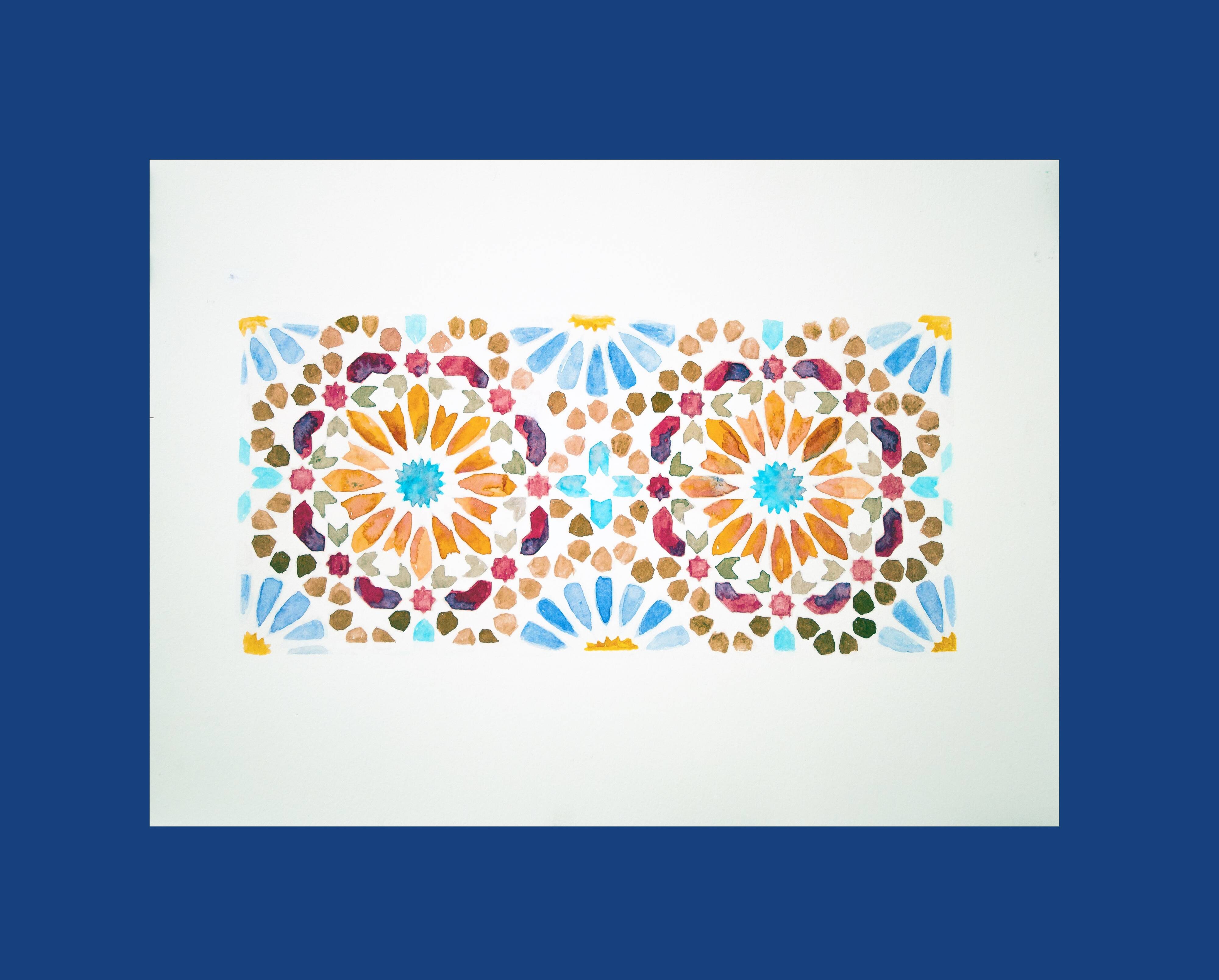Original watercolor Arabic tile. Arabic tile painting. Watercolor Mozarabic pattern. Mozarabic pattern.
