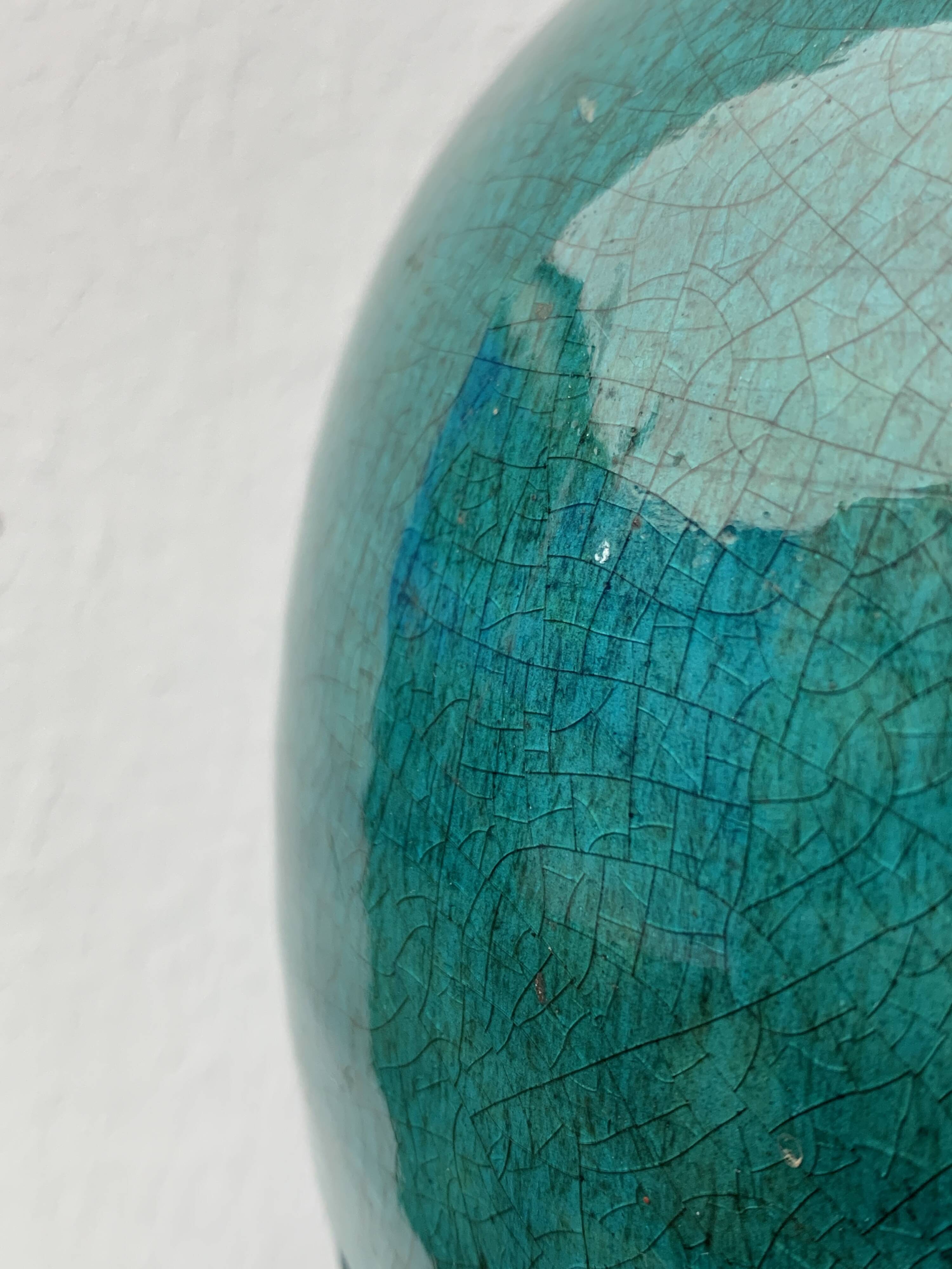 Ball lamp base in cracked ceramic and signed blue green