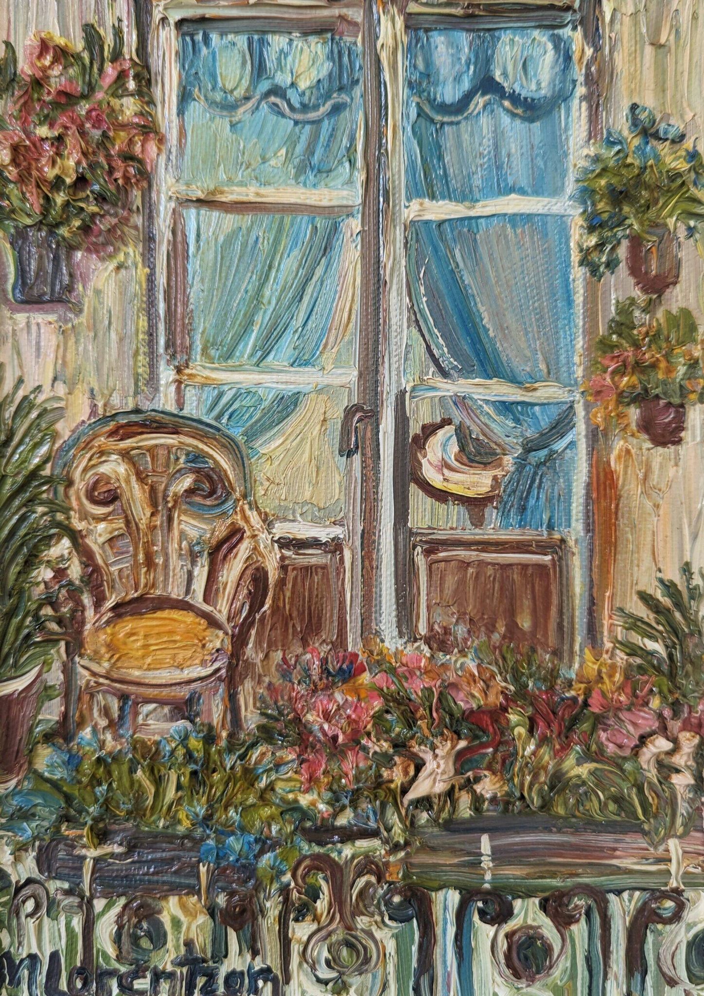 Mid-Century Modern Swedish "Balcony Garden" Vintage Oil Painting, Framed