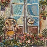Mid-Century Modern Swedish "Balcony Garden" Vintage Oil Painting, Framed