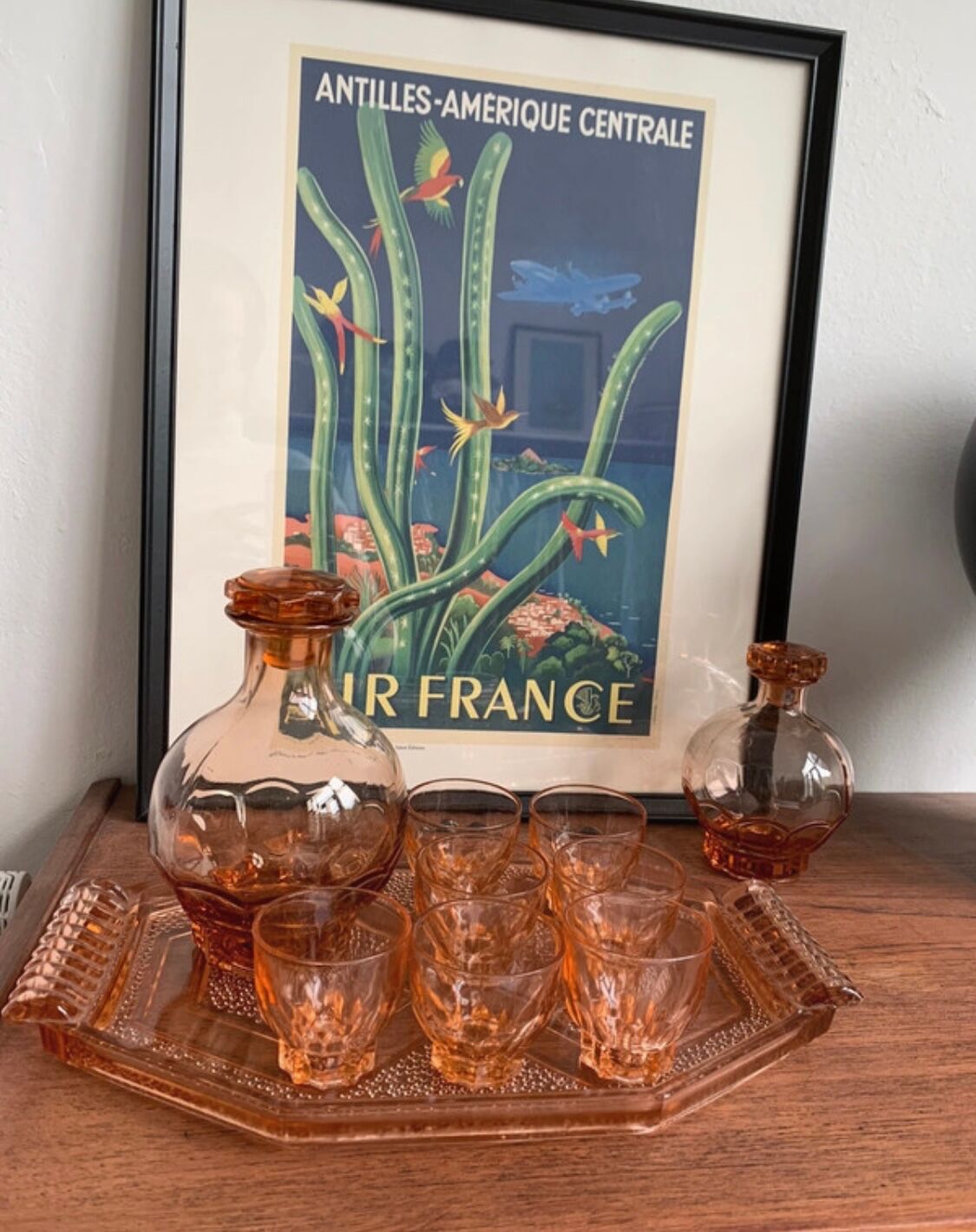 Vintage pink glass liqueur set