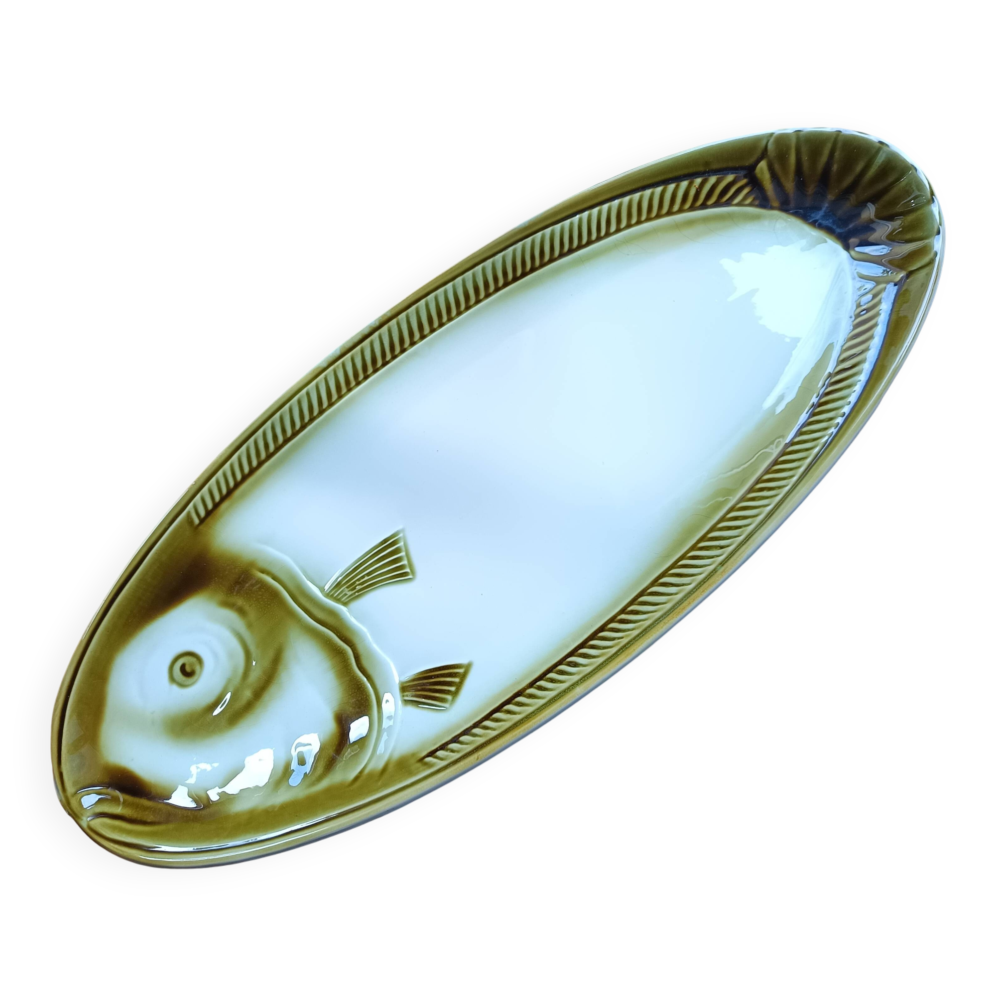 Large ceramic dish in the shape of a fish, Moulin des Loups brand