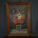 Oil on canvas still life bouquet of flowers by R. Schroder 1942