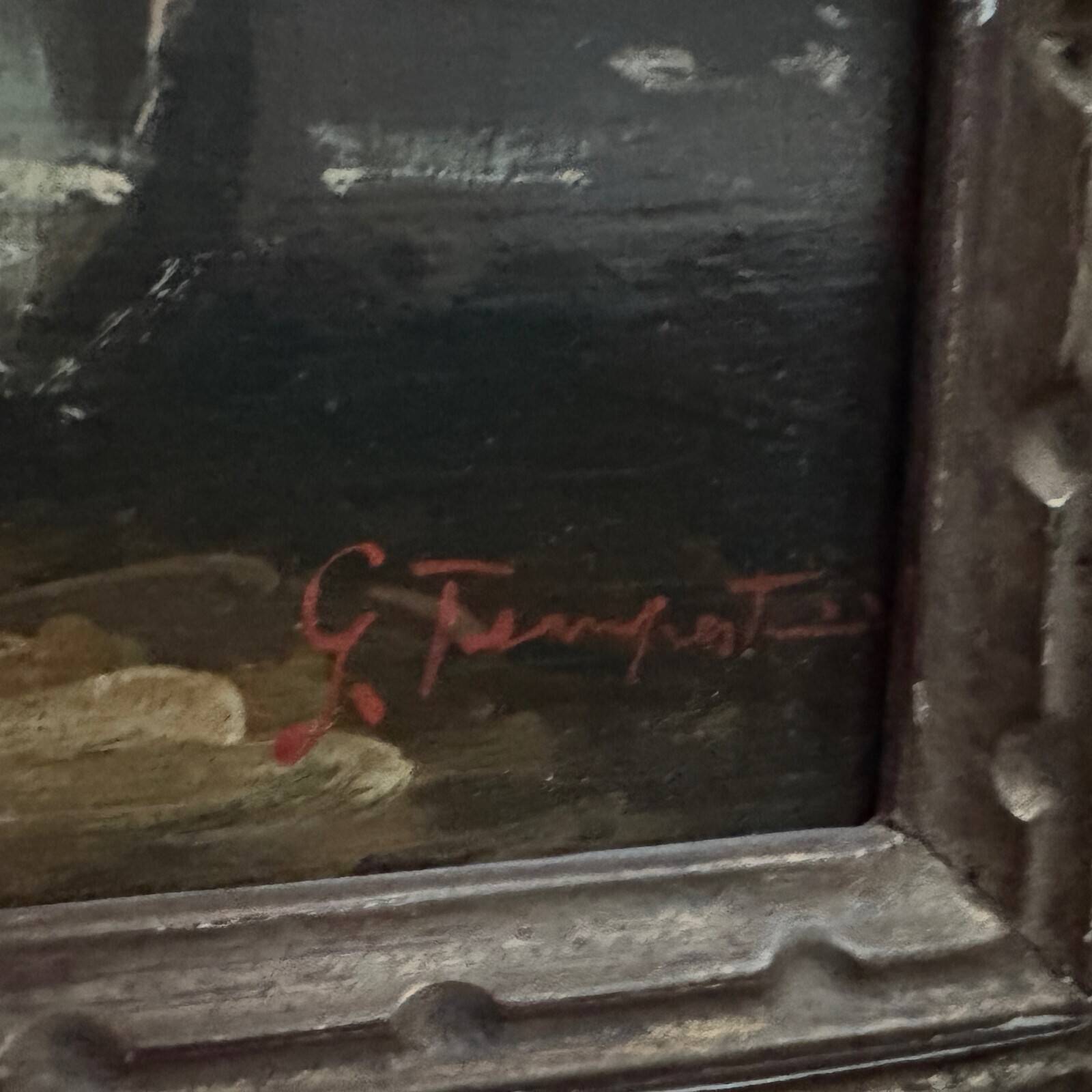 Oil on panel, port scene, late 19th century, gilded frame