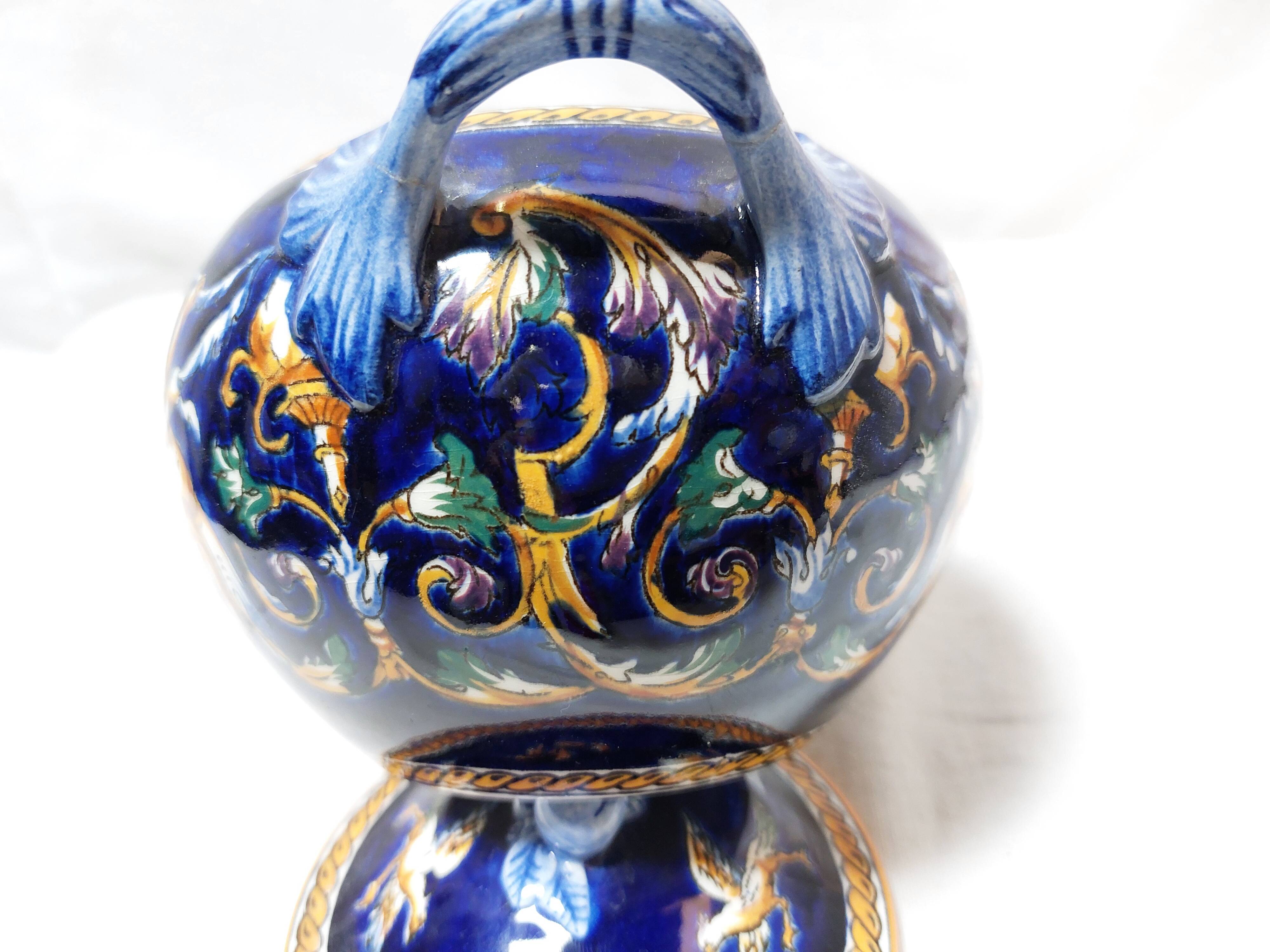 Large Gien blue sugar bowl or candy dish, Renaissance model