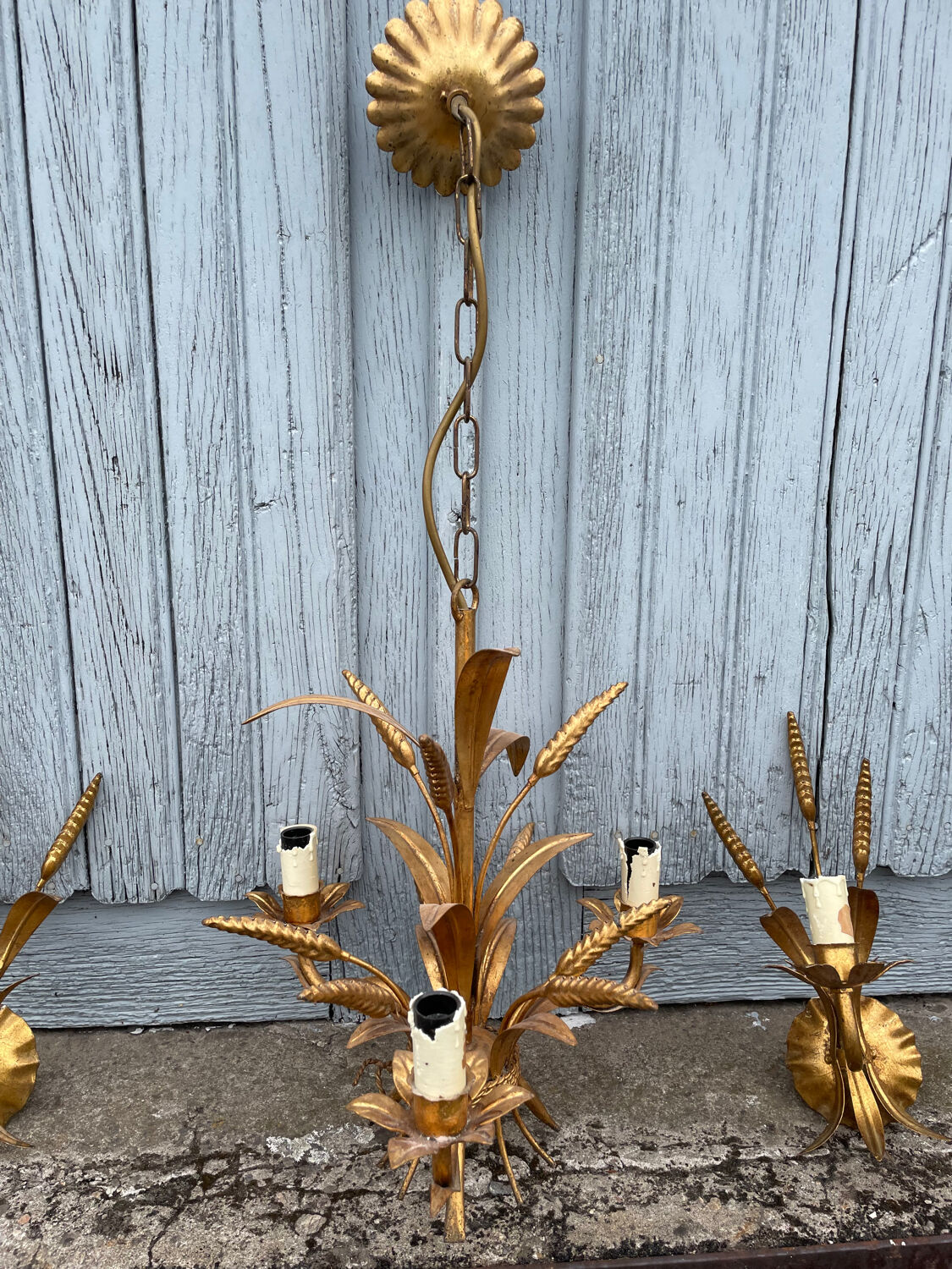 Chandelier and Pair of Wheat Sheaf Wall Lights