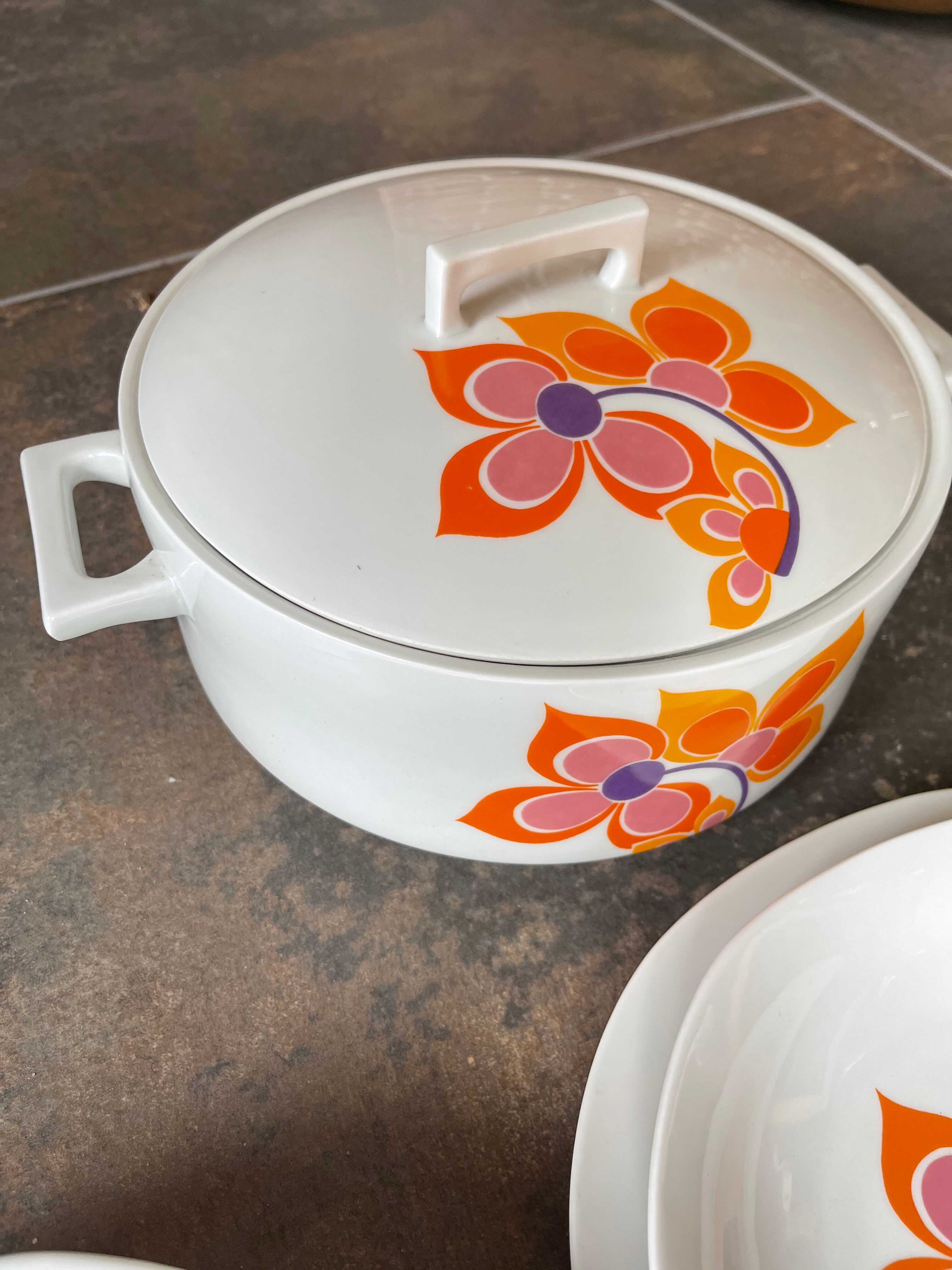 full service porcelain Masse Surget at Mehun vintage dish 1970 orange