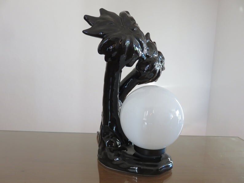 Black ceramic "palm" lamp and white opaline ball 70/80