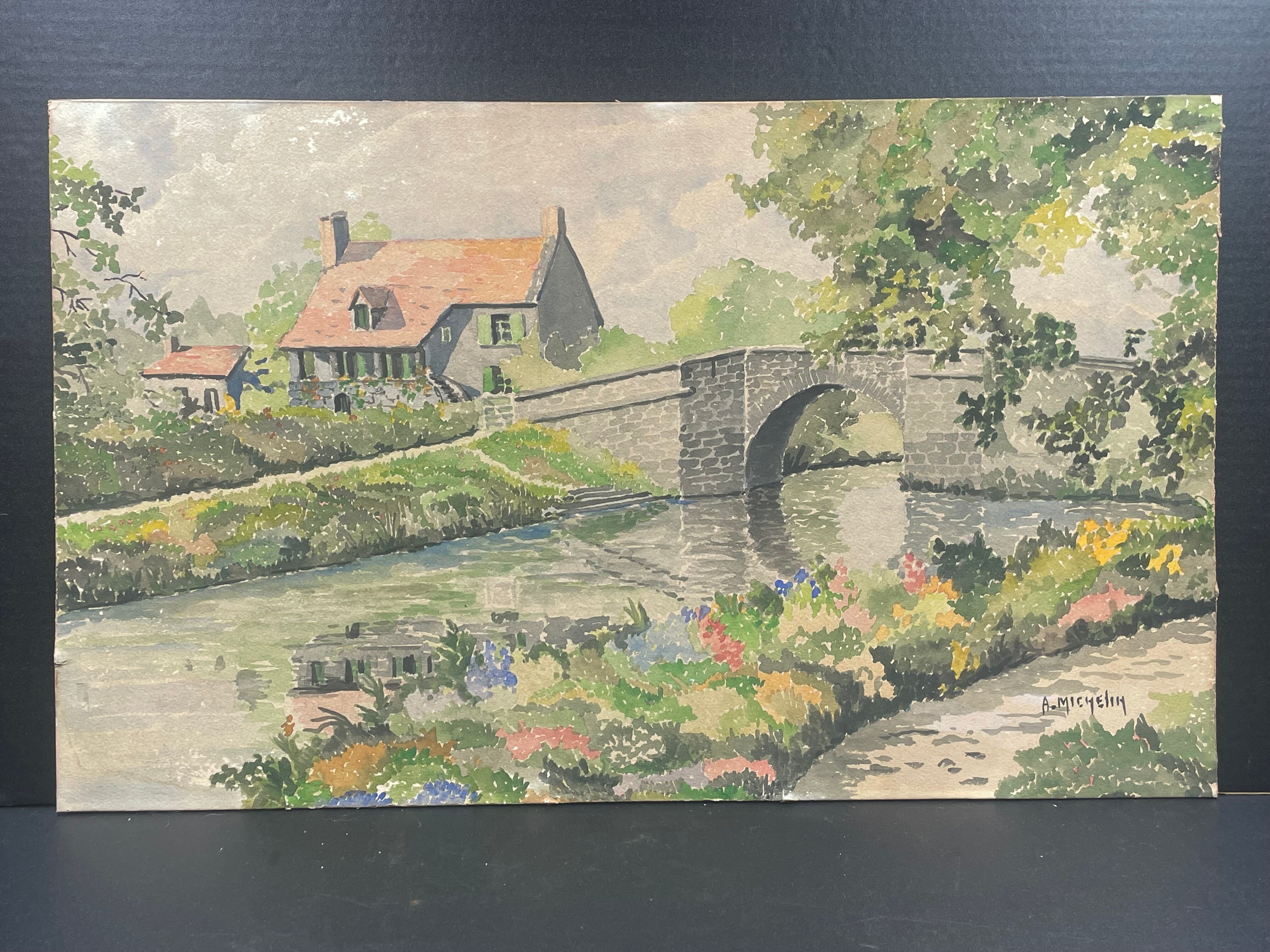 Watercolor on cardboard, house of the stone bridge, (brittany), signed A. Michelin
