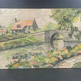 Watercolor on cardboard, house of the stone bridge, (brittany), signed A. Michelin