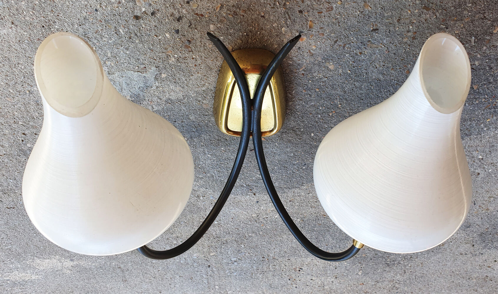 Pair vintage sconces, brass, steel and opaline 1950