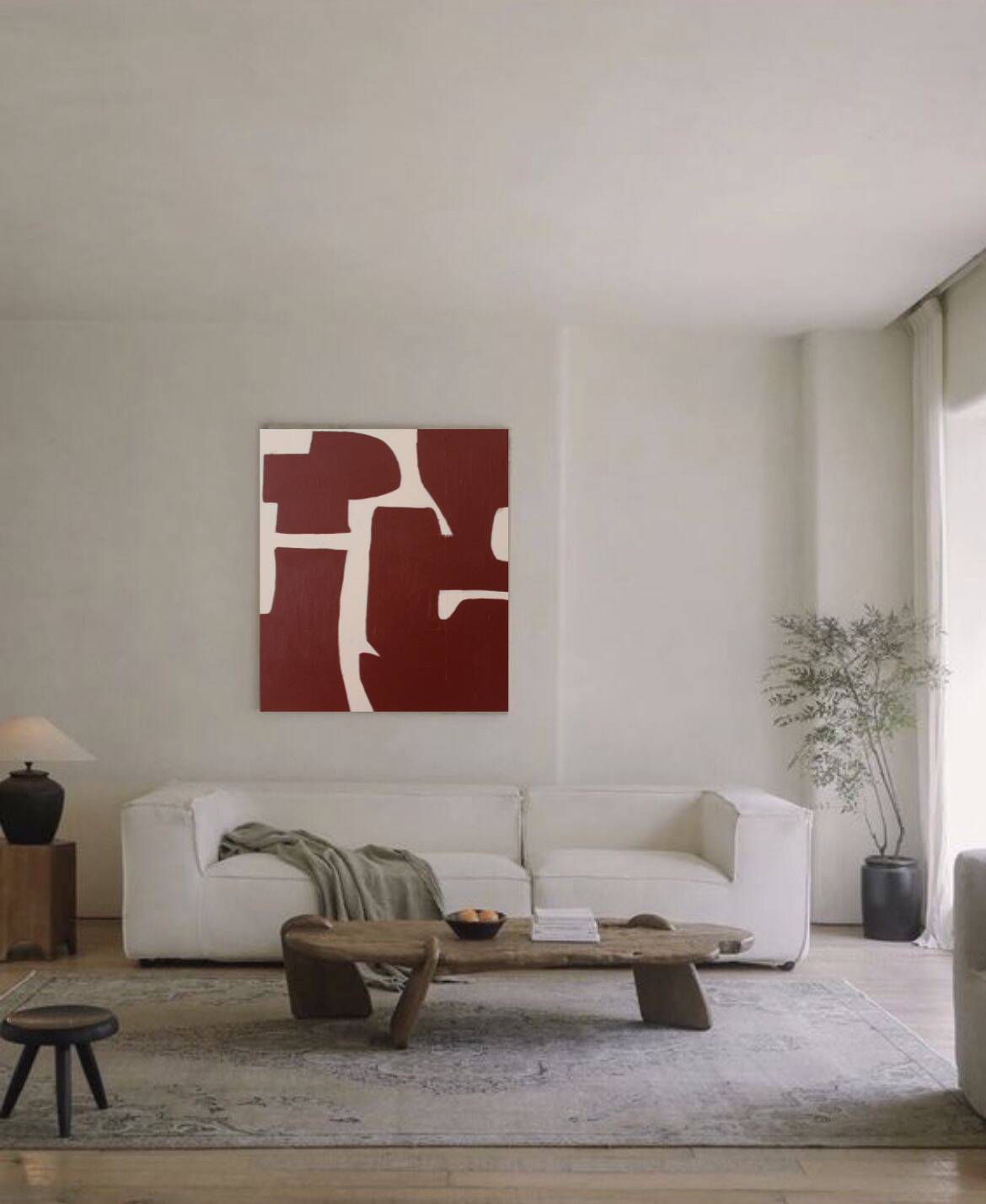 Organic abstract on burgundy stretched canvas 100x81cm