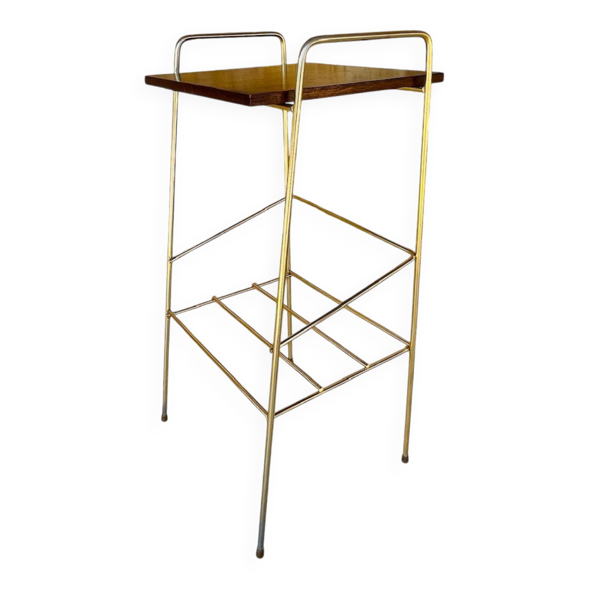 Vintage side table, 2 wooden and brass shelves, circa 1960s