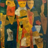 Oil on canvas by Jean Billecocq modern composition with characters