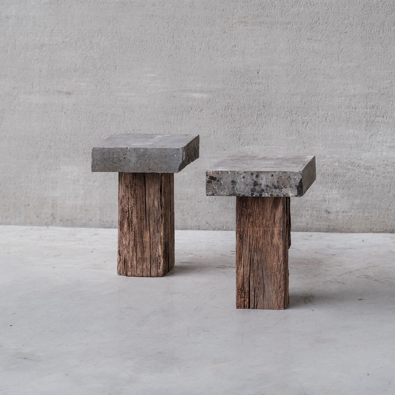 Pair of wooden and stone pedestals or side tables (no.3)