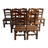 Brutalist wooden chairs – set of 10 (1970s)