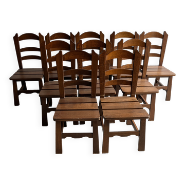 Brutalist wooden chairs – set of 10 (1970s)