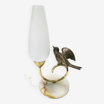 Lampe 1940-50 oiseau perché, albatre, laiton et régule