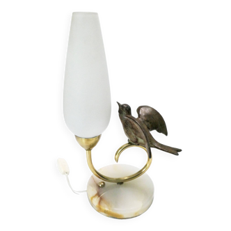 1940-50 perched bird lamp, alabaster, brass and regula