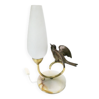 Lampe 1940-50 oiseau perché, albatre, laiton et régule