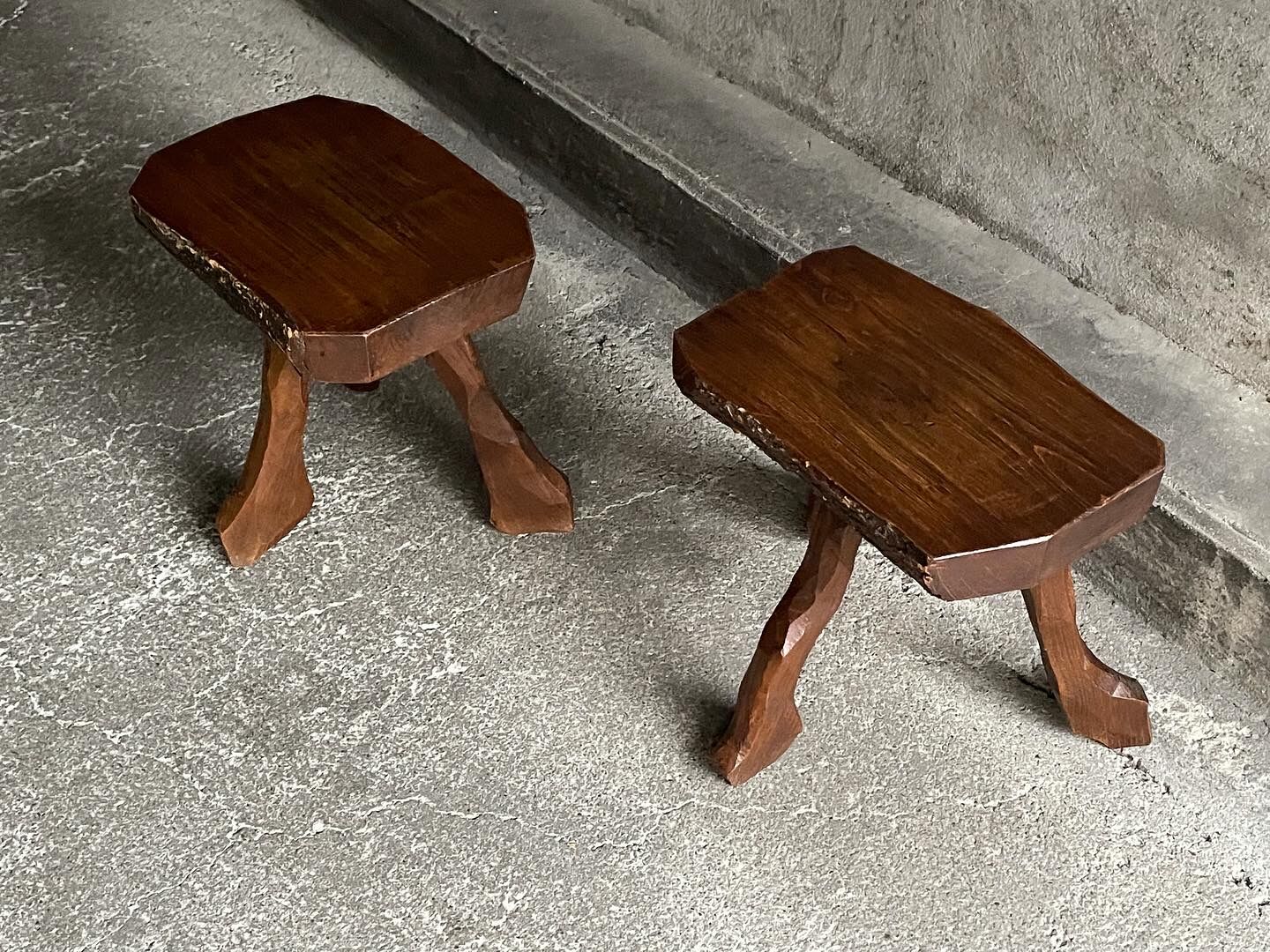 Pair of tripod stools in solid oak, France 1940s