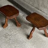 Pair of tripod stools in solid oak, France 1940s