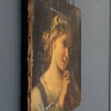 Oil on canvas portrait of young girl with plant crown 19th century
